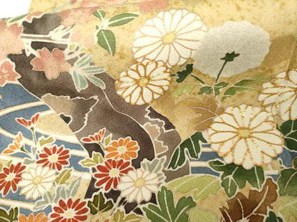 平和屋着物●訪問着 駒刺繍 流水草花文 金彩 正絹 逸品 AABF9097cs