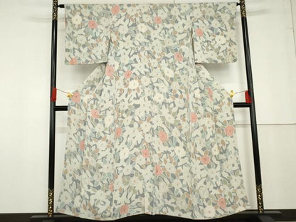 平和屋着物●上質な小紋　椿　草花文　鬼しぼ縮緬　正絹　逸品　AABF9103cs