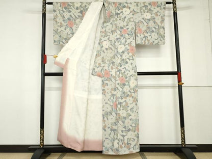平和屋着物●上質な小紋　椿　草花文　鬼しぼ縮緬　正絹　逸品　AABF9103cs