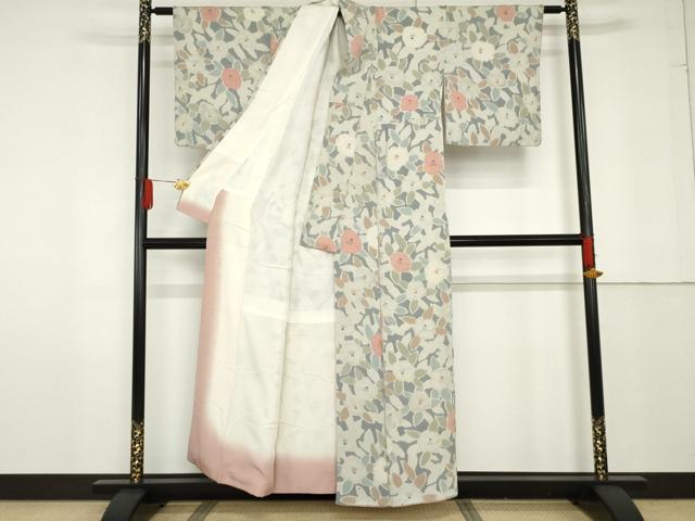 平和屋着物●上質な小紋　椿　草花文　鬼しぼ縮緬　正絹　逸品　AABF9103cs