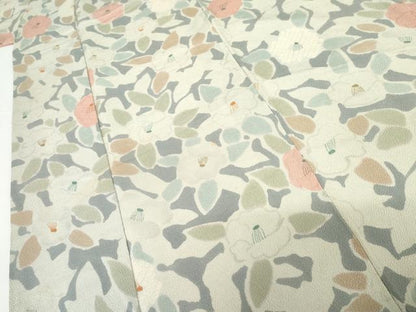 平和屋着物●上質な小紋　椿　草花文　鬼しぼ縮緬　正絹　逸品　AABF9103cs