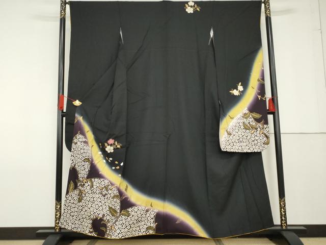 平和屋着物●豪華振袖 夜桜 唐草 暈し染め 黒地 金銀彩 正絹 逸品 AABF9105cs