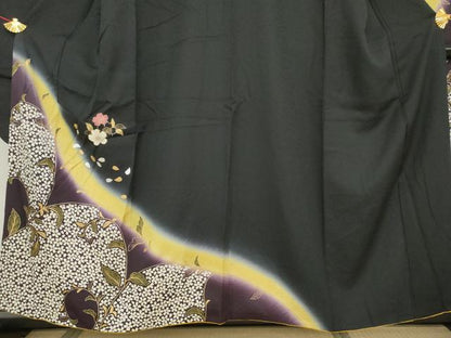 平和屋着物●豪華振袖 夜桜 唐草 暈し染め 黒地 金銀彩 正絹 逸品 AABF9105cs