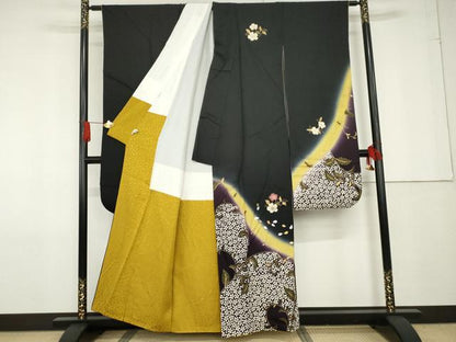 平和屋着物●豪華振袖 夜桜 唐草 暈し染め 黒地 金銀彩 正絹 逸品 AABF9105cs