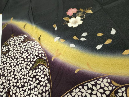 平和屋着物●豪華振袖 夜桜 唐草 暈し染め 黒地 金銀彩 正絹 逸品 AABF9105cs