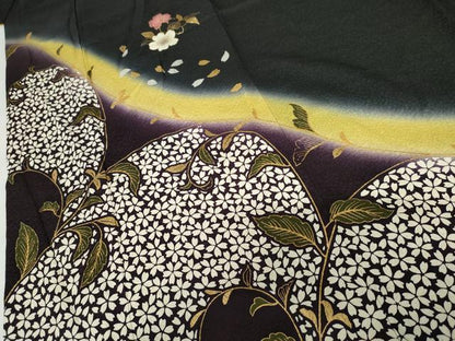 平和屋着物●豪華振袖 夜桜 唐草 暈し染め 黒地 金銀彩 正絹 逸品 AABF9105cs