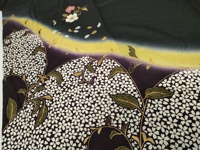 平和屋着物●豪華振袖 夜桜 唐草 暈し染め 黒地 金銀彩 正絹 逸品 AABF9105cs