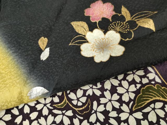 平和屋着物●豪華振袖 夜桜 唐草 暈し染め 黒地 金銀彩 正絹 逸品 AABF9105cs
