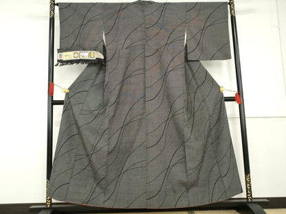 平和屋着物●本塩沢　よろけ縞　黒地　証紙付き　正絹　逸品　AABF9106cs