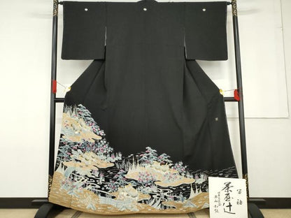 平和屋着物●本貝紫染作家　西山和恆　黒留袖　刺繍　茶屋辻　金糸　色紙付き　正絹　逸品　未使用　AABF9109cs