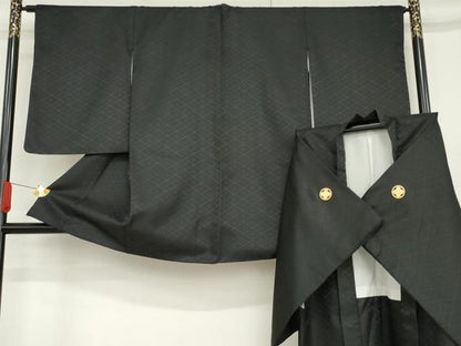 平和屋着物●黒紋付・羽織セット　花菱地紋　洗える着物　AABF9110cs