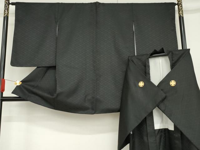 平和屋着物●黒紋付・羽織セット　花菱地紋　洗える着物　AABF9110cs