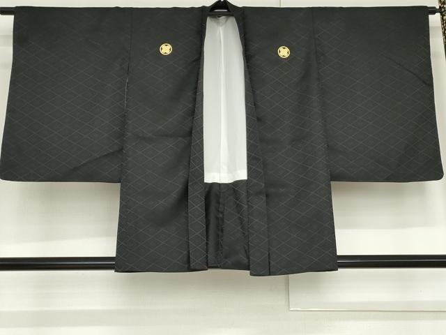 平和屋着物●黒紋付・羽織セット　花菱地紋　洗える着物　AABF9110cs