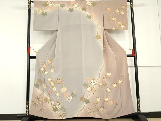 平和屋着物●訪問着　枝花文　暈し染め　金彩　鬼しぼ縮緬　正絹　逸品　AABF9112cs