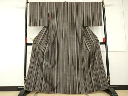 平和屋着物●本場大島紬　アンティーク大島　泥染め　一元7マルキ　縞　正絹　逸品　AABF9124cs