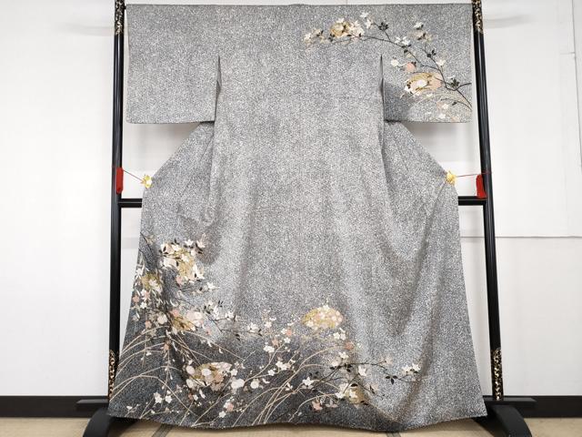 平和屋着物●訪問着　地紙枝花文　たたき染め　黒地　金彩　正絹　逸品　AABF9125cs