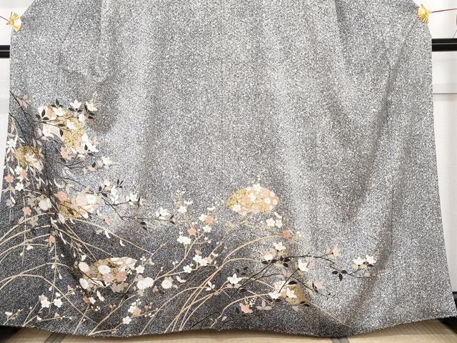 平和屋着物●訪問着　地紙枝花文　たたき染め　黒地　金彩　正絹　逸品　AABF9125cs