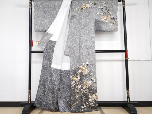 平和屋着物●訪問着　地紙枝花文　たたき染め　黒地　金彩　正絹　逸品　AABF9125cs