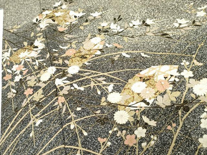 平和屋着物●訪問着　地紙枝花文　たたき染め　黒地　金彩　正絹　逸品　AABF9125cs