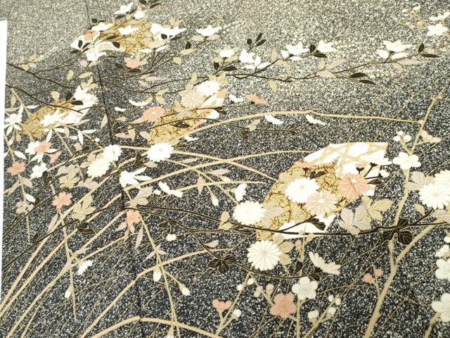 平和屋着物●訪問着　地紙枝花文　たたき染め　黒地　金彩　正絹　逸品　AABF9125cs