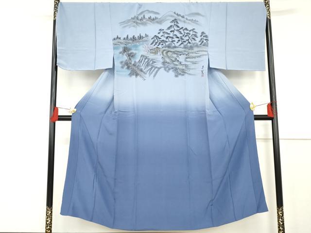 平和屋着物●男性　長襦袢　無双仕立て　手描き　風景松文　暈し染め　正絹　逸品　未使用　AABF9134cs