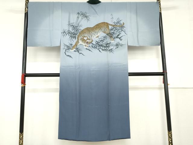 平和屋着物●男性 長襦袢 袷 手描き 虎 トラ 暈し染め 正絹 逸品 AABF9142cs