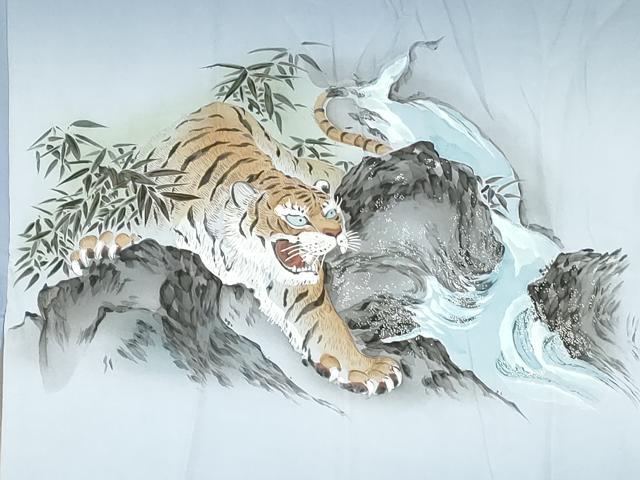 平和屋着物●男性　長襦袢　袷　手描き　立波に虎　暈し染め　キングサイズ　正絹　逸品　AABF9143cs