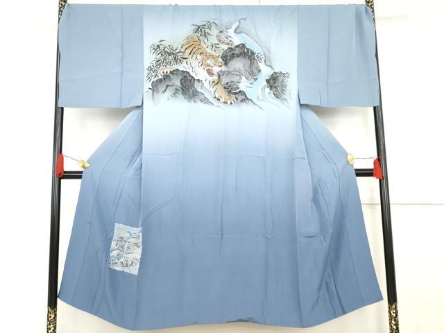 平和屋着物●男性　長襦袢　袷　手描き　立波に虎　暈し染め　キングサイズ　正絹　逸品　AABF9143cs