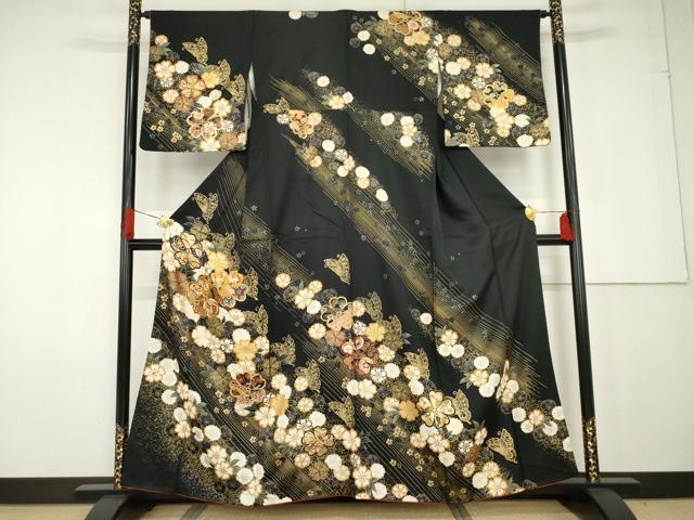 平和屋着物●訪問着　駒刺繍　花蝶文　黒地　金彩　正絹　逸品　AABF9145cs