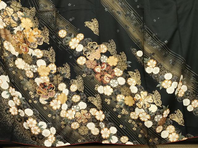 平和屋着物●訪問着　駒刺繍　花蝶文　黒地　金彩　正絹　逸品　AABF9145cs
