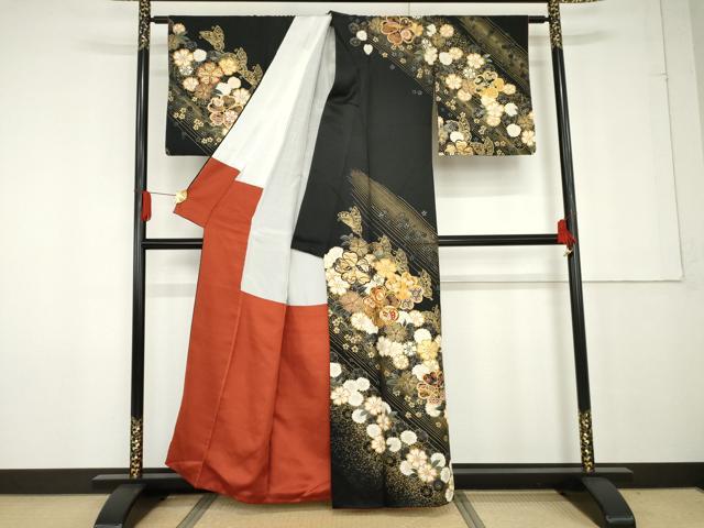 平和屋着物●訪問着　駒刺繍　花蝶文　黒地　金彩　正絹　逸品　AABF9145cs