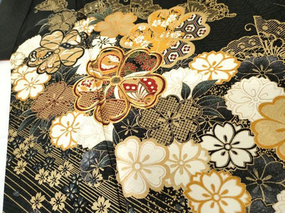 平和屋着物●訪問着　駒刺繍　花蝶文　黒地　金彩　正絹　逸品　AABF9145cs