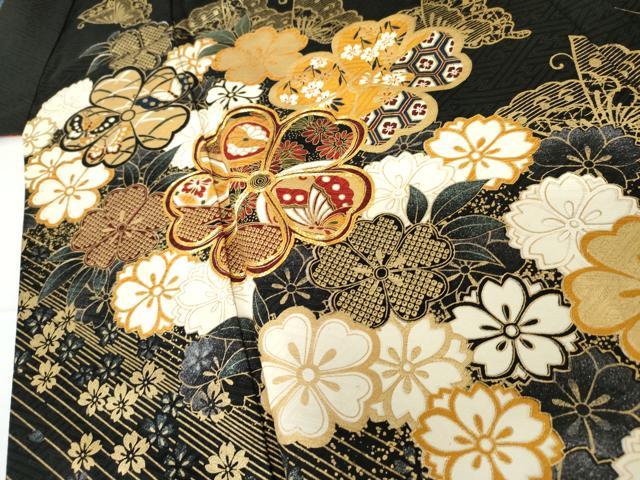 平和屋着物●訪問着　駒刺繍　花蝶文　黒地　金彩　正絹　逸品　AABF9145cs