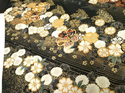 平和屋着物●訪問着　駒刺繍　花蝶文　黒地　金彩　正絹　逸品　AABF9145cs