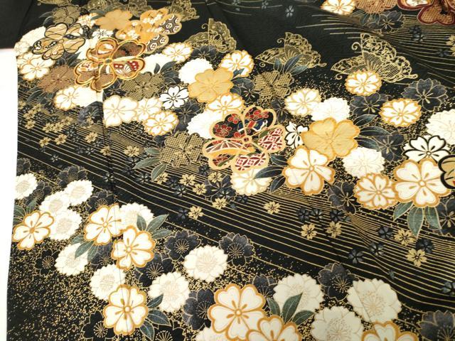 平和屋着物●訪問着　駒刺繍　花蝶文　黒地　金彩　正絹　逸品　AABF9145cs
