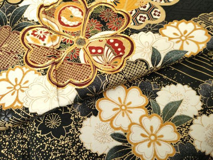 平和屋着物●訪問着　駒刺繍　花蝶文　黒地　金彩　正絹　逸品　AABF9145cs