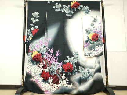 平和屋着物●豪華振袖 手描き こっぽり 古慕里 渡り橋枝花文 暈し染め 黒地 正絹 逸品 AABF9146cs