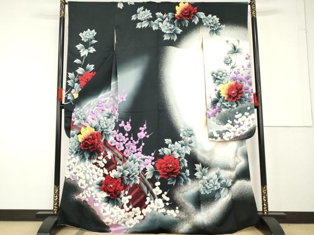 平和屋着物●豪華振袖 手描き こっぽり 古慕里 渡り橋枝花文 暈し染め 黒地 正絹 逸品 AABF9146cs