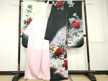 平和屋着物●豪華振袖 手描き こっぽり 古慕里 渡り橋枝花文 暈し染め 黒地 正絹 逸品 AABF9146cs