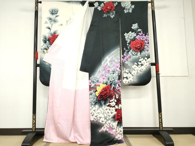 平和屋着物●豪華振袖 手描き こっぽり 古慕里 渡り橋枝花文 暈し染め 黒地 正絹 逸品 AABF9146cs