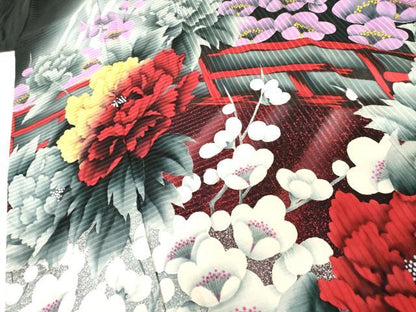 平和屋着物●豪華振袖 手描き こっぽり 古慕里 渡り橋枝花文 暈し染め 黒地 正絹 逸品 AABF9146cs