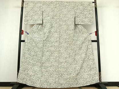 平和屋着物▽上質な小紋 単衣 草花文 正絹 逸品 AABF9161jh