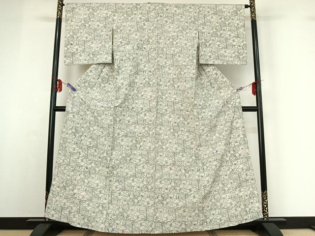 平和屋着物▽上質な小紋 単衣 草花文 正絹 逸品 AABF9161jh