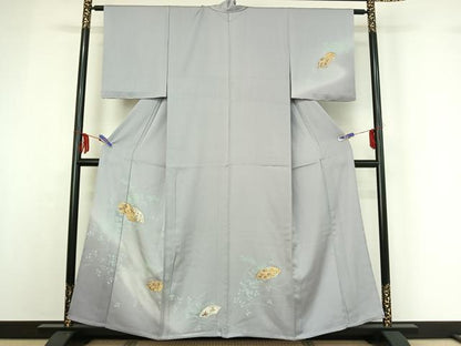平和屋着物▽訪問着 単衣 地紙花蝶文 暈し染め 金彩 正絹 逸品 AABF9162jh