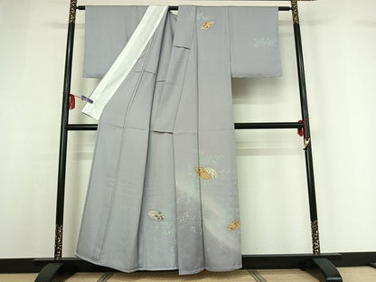 平和屋着物▽訪問着 単衣 地紙花蝶文 暈し染め 金彩 正絹 逸品 AABF9162jh