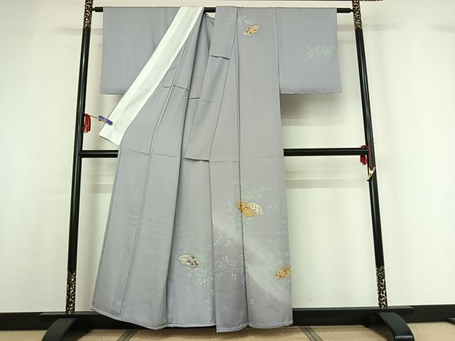平和屋着物▽訪問着 単衣 地紙花蝶文 暈し染め 金彩 正絹 逸品 AABF9162jh