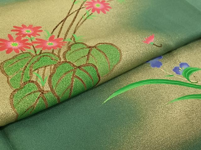 平和屋着物▽訪問着 単衣 草花文 正絹 逸品 AABF9166jh
