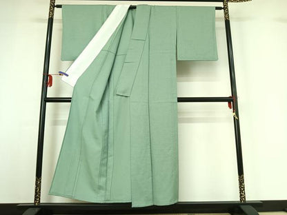 平和屋着物▽上質な紬 単衣 錆青磁色 正絹 逸品 AABF9167jh