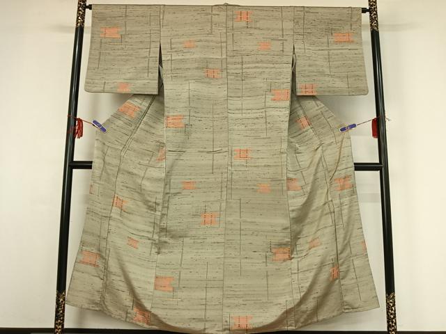 平和屋着物▽上質な紬 単衣 幾何学文様 金糸 正絹 逸品 AABF9168jh