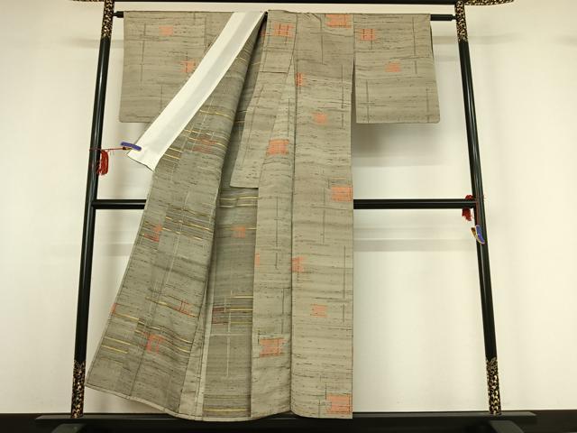 平和屋着物▽上質な紬 単衣 幾何学文様 金糸 正絹 逸品 AABF9168jh
